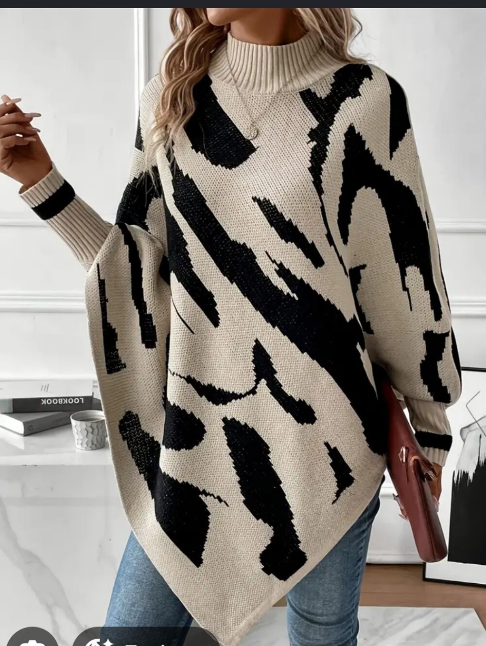 Cream & Black Animal-Print Poncho Sweater with Mock Neck